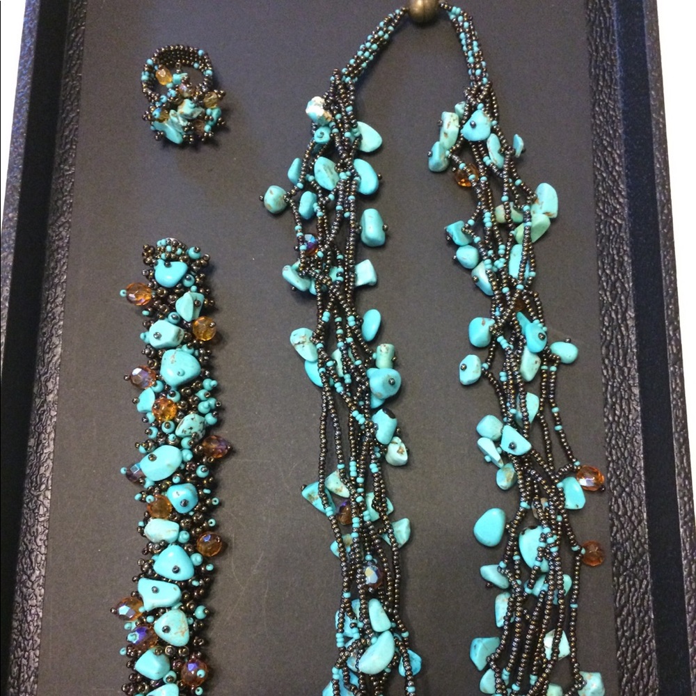 Hand-crafted turquoise/seed bead set of 3 jewelry